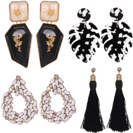 4 Pairs Rhinestone Statement Rectangle Dangle Earrings Boho Faux Leaf Long Drop Earrings Acrylic Geometric Statement Earrings for Women Girls Daily Party, Zinc, goldstone,