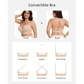 HWDI Strapless Longline Bra for Women Convertible Multiway Lace Corset Lift Up Bras Underwired Plus Size Beige, 38C