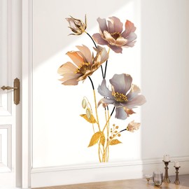 SHUCHING 3D Flower Wall Decals Peel and Stick, Vinyl Gold Floral Wall Sticker, Wall Decor Art Home Decoration for Living Room Bedroom Office