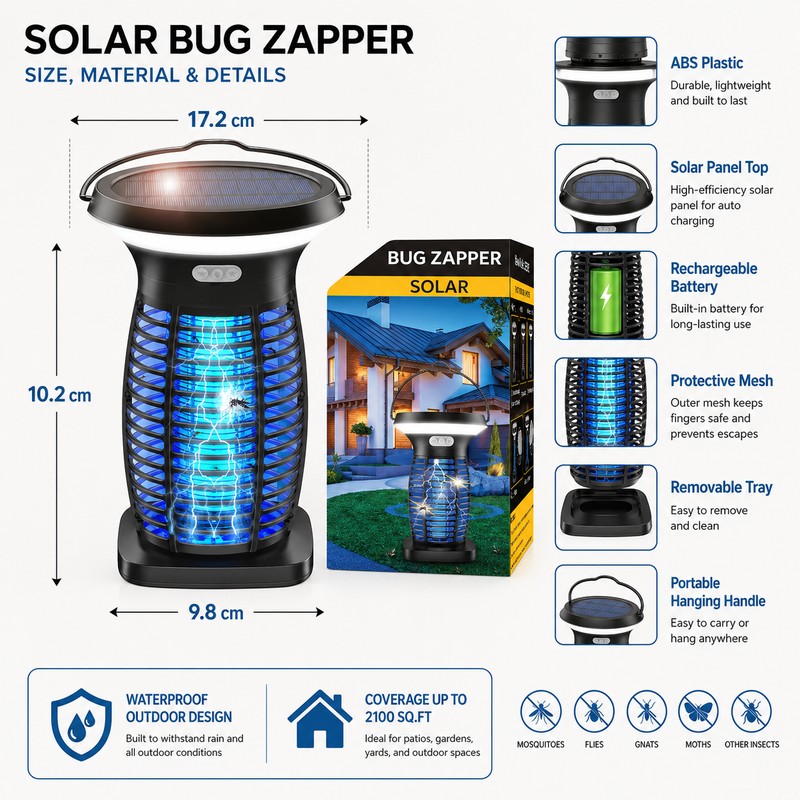 Solar Bug Zapper Outdoor for Mosquito Control – Rechargeable 3-in-1