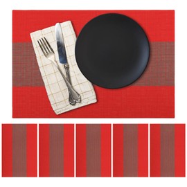 marysgift Placemats Set of 6 Woven Vinyl Placemat for Dining Table Washable Wipeable Kitchen Place Mats Durable Indoor Outdoor Table Mats 17.7"X11.8" (Red)