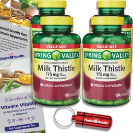 CHOICE BUNDLE Spring Valley Standardized Extract Milk Thistle Dietary Supplement Capsules 175 mg 180 Ct 4 pk (720 Total) + Vitamin Guide and Pill Container (6 Items)!