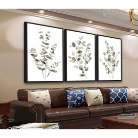 Large Framed Botanical Wall Art - Eucalyptus Leaf Wall Decor 20"x28" Set of 3 Taupe Simple Life Painting Prints Minimalist Farmhouse Plant Canvas Pictures for Living Room Bedroom Office Artwork