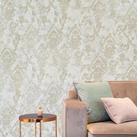 Grayish Ivory Gold Metallic Sparkle Plaster Textured Victorian Damask Wallpaper