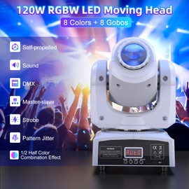 U`King Moving Head DJ Lights 8 Color 8 GOBO Stage Lighting LED Spotlight by DMX and Sound Activated Control for Wedding DJ Disco Parties Church Live Show Bar (White-2 PCS)