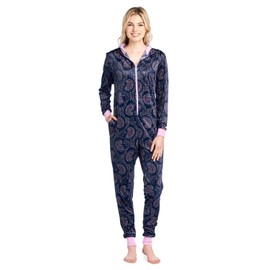Ashford & Brooks Women's Fleece Hooded One Piece Pajama - Pink Navy Paisley - 2X-Large
