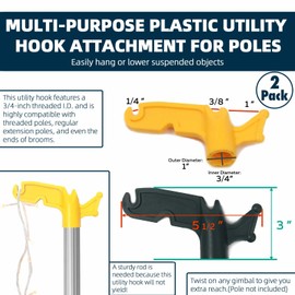 TonGass (2-Pack Multi-Purpose Plastic Utility Hook Attachment for Poles-Screw-On Hook 3/4" Inner Diameter Fits Threaded Poles Extension Poles & Broom Handles, Bird Feeder Pole Hanger Tool