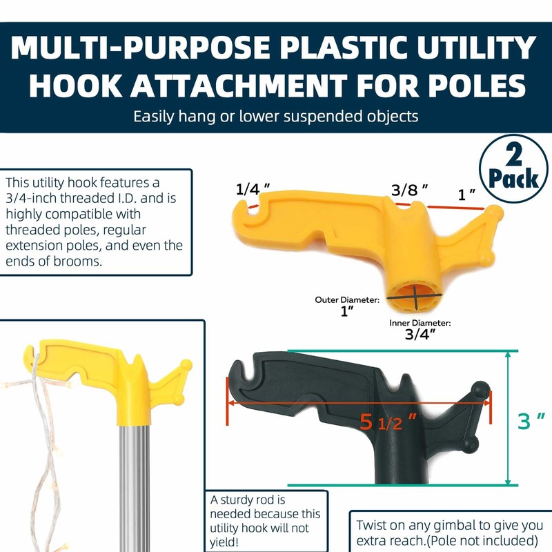 TonGass (2-Pack Multi-Purpose Plastic Utility Hook Attachment for Poles-Screw-On Hook