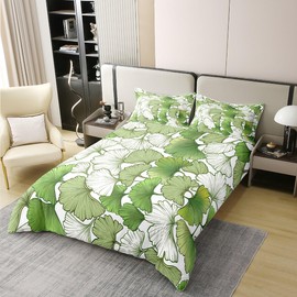 Green Ginkgo Leaf 100% Nature Cotton Duvet Cover Twin Size Fall Theme Leaves Botanical Comforter Cover Twin Size with 1 Pillowcase Garden Plants Stripes Geometric Aesthetic Luxury Bedding Set