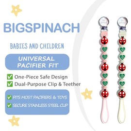 BIGSPINACH - Paquete de 2 clips de silicona para chupete para bebés y niños, correa de una pieza de grado alimenticio con cordón y clip de acero inoxidable, soporte para mordedor para bebé, bonito