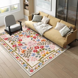 Azadx 4'x 6' Washable Area Rug Non-Slip Area Rugs for Living Room Soft Faux Wool Floral Rug with Rubber Backing Indoor Boho Area Rug Home Décor for Kitchen, Bedroom, Bathroom, Office Carpet