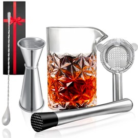 Cocktail Mixing Glass,Bar Set Cocktail Glasses Set with Muddler for Cocktails,Cocktail Mixing Spoon,Cocktail Jigger,Hawthorne Strainer,Professional 5 Pieces Cocktail Mixing Glass Kits.