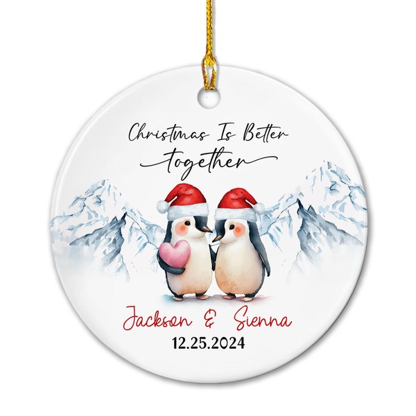 Personalized Christmas is Better Together Ceramic Ornament, Couple Penguins Together