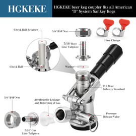 Hgkeke Keg Coupler 304 Stainless Steel Probe Sankey D System Keg Tap for Kegerator 5/16 Barbs G5/8 Nuts US Sanke D Beer Coupler With Check Valve & Sealing Washer & Hose Clamp