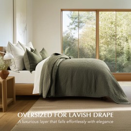 EVERGRACEHOME Cotton Sateen Quilt Set King Size, Pre-Washed Oversized Cotton Channel Stitch Coverlet Bedspread, 3 Pieces Lightweight Bedding Sets for All Season, with 2 Pillow Shams, Olive Green