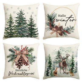 Artoid Mode Holly Pine Cones Reindeer Tree Christmas Cushion Covers Set of 4 40 x 40 cm Decorative Cushion Cover Living Room Outdoor Decoration