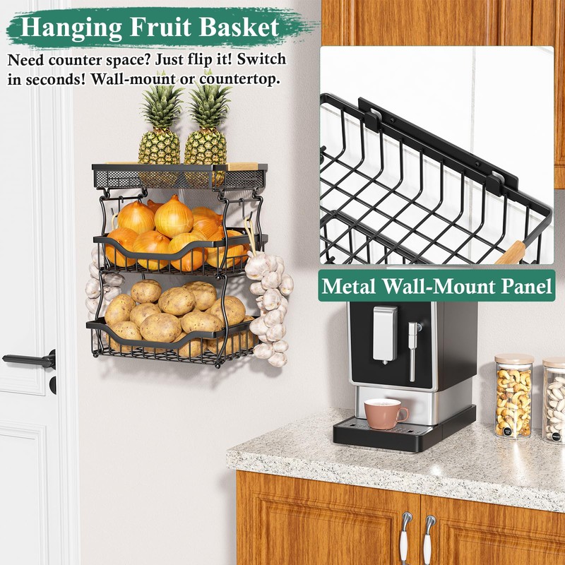 OKZEST 3-Tier Fruit Basket for Kitchen Counter, Wall Hanging Fruit