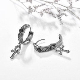 Ankh Cross Hoop Earrings Sterling Silver Black Ankh Hoop Huggie Earrings Ankh Egyptian Ancient Hoop Earrings Jewelry for Men Women