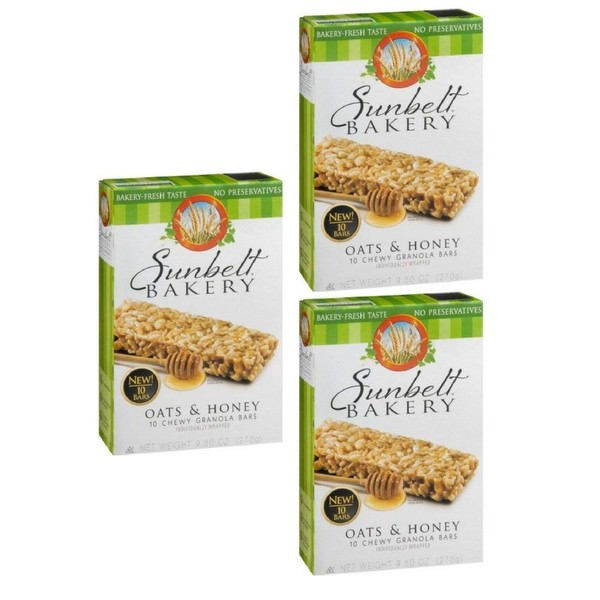 Sunbelt Bakery Oats and Honey Chewy Granola Bars 9. 5 ounces, 10 Bars Per Box, (3 Boxes Total)