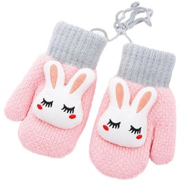 ITODA Kids Gloves On String Cute Rabbit Winter Knitted Gloves Thicken Double Layer Warm Full Finger Gloves Lovely Hand Warmers Skiing Outdoor Gloves for 3-8 Years Birthday Christmas