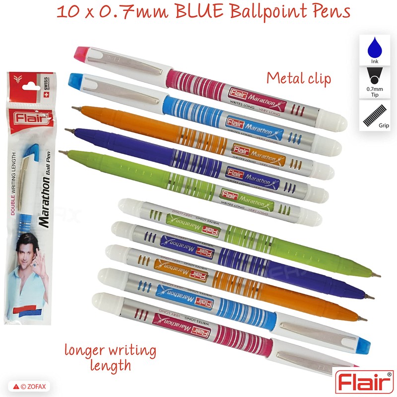 FLAIR Marathon 10 x 0.7mm Fine Point BLUE Ink Biros