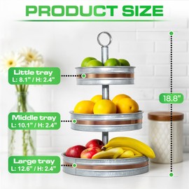 Plexon 3 Tiered Tray Stand, Metal Tiered Serving Tray, Round Seafood Tower, Centerpiece Three Tiered Serving Stand, Galvanized Steel Trays, Silver with Copper Trim Farmhouse 3 Tier Stand for Fruit