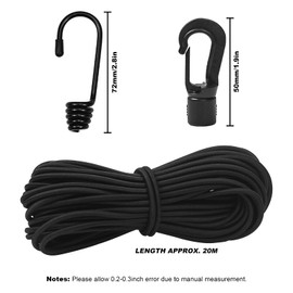 1/4"Bungee Shock Cords with Hooks, 65 Feet Elastic Nylon Cords Kayak Stretch String Rope for Bikes, Tie Downs, Boating, Camping, Cars, Sunshades,Fitness,Outdoor Enthusiasts(1/4 inch x 65 feet, Black)