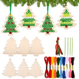 10 Pieces Christmas Wooden Cross Stitch Kits, Christmas Wooden Decoration Cross Stitch Set, Christmas Tree Cross Stitch Wooden Christmas Tree Ornaments, Christmas Decoration for Christmas Tree