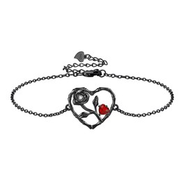 URONE Black Rose Bracelet Sterling Silver Rose Heart Pendant Gothic Rose Jewelry Gifts for Women, Sterling Silver, No gemstone
