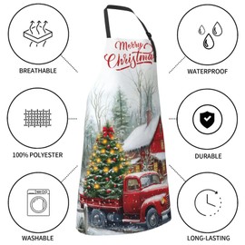 YDTBRUF Christmas Aprons With 2 Pockets Happy New Year Apron Adjustable Neck Snow Red Car Bib Smocks Waterproof And Oil-Proof Pine Forest Bibs Smock Winter Apron For Women Men Cooking Baking Gardening