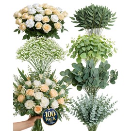 100 Pcs 10 Kinds Mixed Artificial Eucalyptus Stems, Faux Greenery