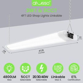 ALUSSO® 5CCT LED Shop Lights for Workshop 4FT, 4800LM Super Bright Garage Ceiling Lights, 20W 30W 40W Adjustable, 2700K 3000K 4000K 5000K 6500K Selectable Basement Warehouse Lighting, ETL, 2 Pack