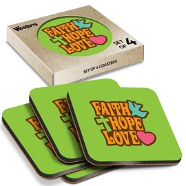 4 x Square Coasters - Faith Hope Love Religious Christian Cross Cork Backed MDF Glossy Tea Coffee Accessory #57594