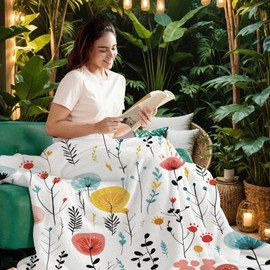 yuboo Floral Throw Blanket, Watercolor Flower Blanket Gifts for Women Kids, Soft Wildflower Plant Flannel Lap Blanket for Home Bed Sofa Couch Spring Boho Home Decor, 50 x 60 Inch