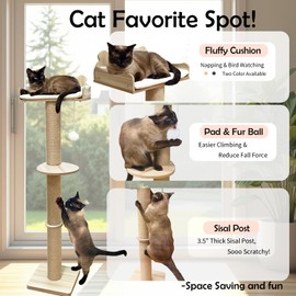 Cat Window Perch with Scratching Post, 54" Tall Cat Tree with Suction Cups & Fluffy Cushion, Adjustable Cats Window Bed for Climbing and Sunbathing, Supports 35 lbs (Drilling-Free), Grey Mat