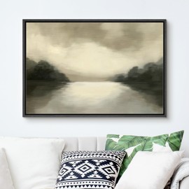 SIGNFORD Framed Canvas Print Wall Art Serene Lake with Overcast Sky Illustrations Modern Art Decorative Bohemian Relax/Calm for Living Room, Bedroom, Office - 24"x36" Black