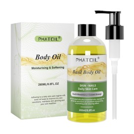 PHATOIL Body Oil with Basil, Sweet Orange, Rosemary, Basil Body Oil for Dry Skin, Nails Care, Natural Moisturizer for Women, Men, 260ml, All Skin Types