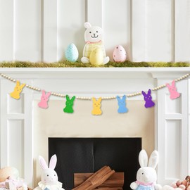 4.2 FT Easter Day Wooden Beads Garland with Colorful Bunny-Shaped Charms, Spring-Themed Rabbit Beaded Tiered Tray Decor, Rustic Farmhouse Banner for Easter Celebration, Shelf Display, Fireplace, Wall