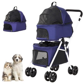 BETSOCCI Double Dog Stroller with 2 Detachable Carrier, Portable Pet Stroller for Small Dogs & Cats Folding Lightweight Puppy Travel Carriage, 4 Wheels, Blue