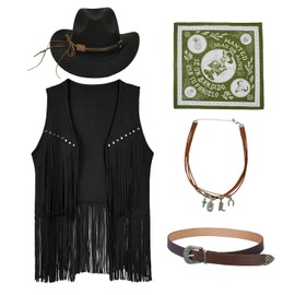 HSDOU Cowgirl Outfits for Women Cow Girls Outfits Costume Cowboy Vest Western Cowboy Hat Bandana Cowboy Outfits for Women (Z3761BK, XL)