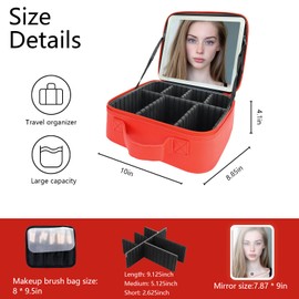 SUILU Travel Makeup Bag with LED Mirror and Light Travel Makeup Case Cosmetic Organizer Portable Cosmetic Brush Organizer Bag with Adjustable Dividers for Cosmetics Makeup Brushes Toiletry (Red)