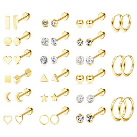 Thunaraz 21Pairs Tiny Cartilage Earrings Stud Hoop Stainless Steel Screw Flat Back Earrings Hoop Earrings for Cartilage Tragus Daith Helix Ear Piercing Set Gold
