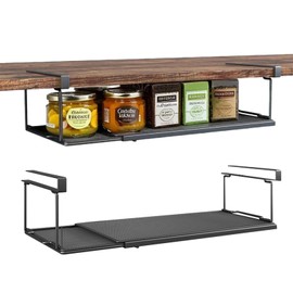 PowerKing Expandable Under Cabinet Shelf, Adjustable Length Under Shelf Storage with Thick Clips 10lbs Capacity for Kitchen, Laundry, Shoe, Under Office Desk & Wardrobe Partition (Black, 7.67'' H)