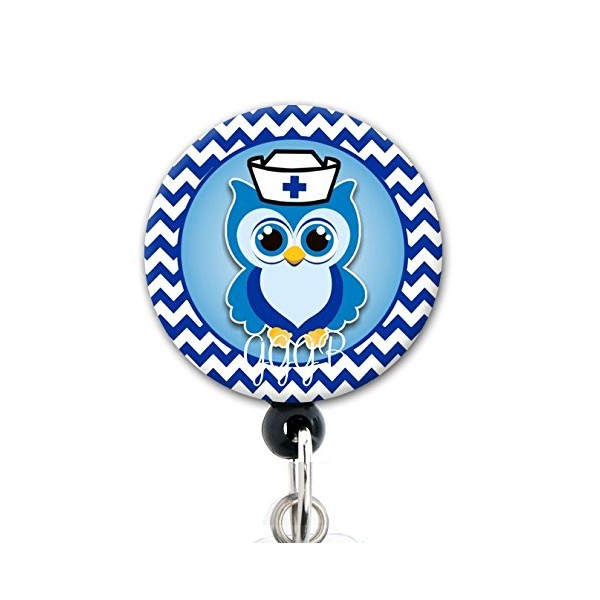 Retractable Badge Reel - Nurse Owl Blue - Badge Holder Swivel Clip