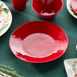 Berry Red Christmas Dinner Plates Set of 4 – Holiday Stoneware Tableware – Festive Red Dinner Plate Set – Mix and Match with Holly and Vines – Dishwasher Safe