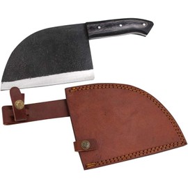 Old Ram Handmade Cleaver Style Hunting Butcher Knife With Leather Sheath.