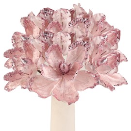 Crazy Night 10 Pcs 10-inch Artificial Christmas Flowers with Glitter - Navidad Tree Wreath DIY Ornaments Perfect Faux Flower for Xmas New Year Wedding Party Holiday Decoration (Pink)