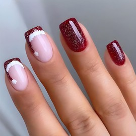 Christmas Press on Nails Short Square Winter French Tip Fake Nails Wine Red Full Cover Xmas Hat False Nails with Designs Glitter Glossy Glue on Nails Artificial Nails for Women Girls 24Pcs