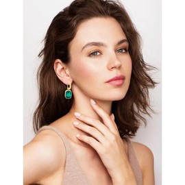 Crystal Octagon Drop Earrings for Women 14K Hoop Dangling Earrings Rose Gold Plated Hypoallergenic Jewelry Gift for Mother Wife Green