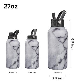 BJPKPK - Botellas de agua aisladas con tapa de popote, botella de agua de acero inoxidable de 27 onzas con 3 tapas, taza de termo de metal a prueba de fugas, botella de agua deportiva para mantener el